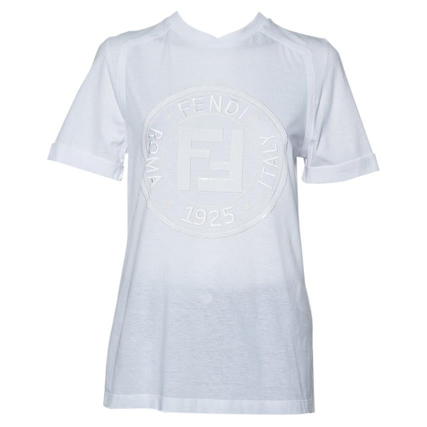 Fendi White Sequin Embellished Logo Embroidered Cotton Fringed T shirt XXS For Sale