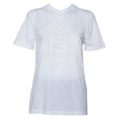 Fendi White Sequin Embellished Logo Embroidered Cotton Fringed T shirt XXS