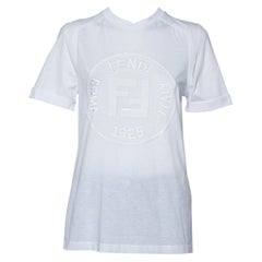 Fendi White Sequin Embellished Logo Embroidered Cotton Fringed T shirt XXS
