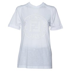 Fendi - T-shirt blanc à franges en coton brodé d'un logo et de paillettes, XXS