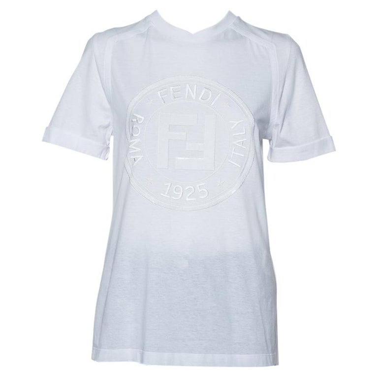 Fendi White Sequin Embellished Logo Embroidered Cotton Fringed T shirt XXS  For Sale at 1stDibs | fendi white tee