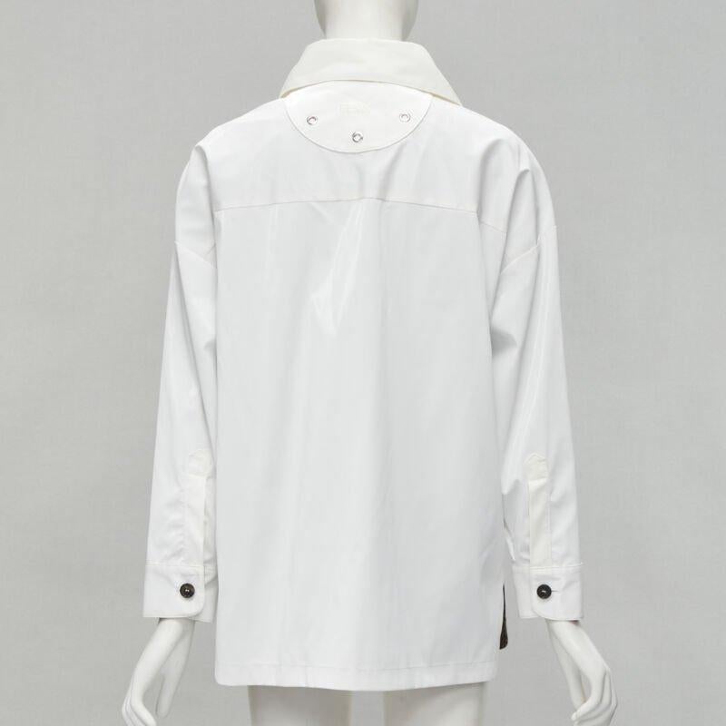 FENDI white sheen polyester brown FF Zucca monogram lined overshirt IT36 XS 1