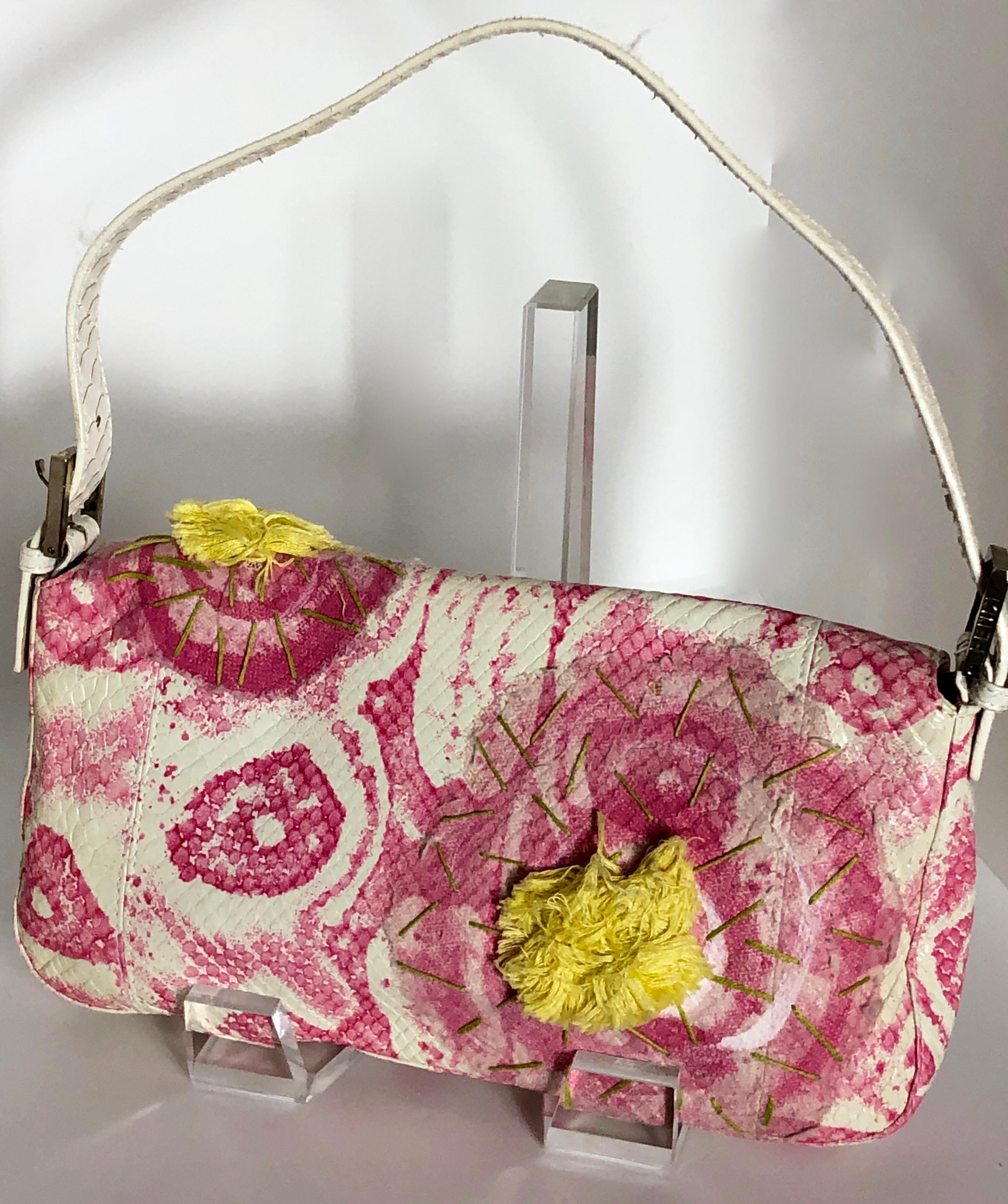 Fendi White Snake Skin w/ Pink & Yellow Accents Baguette Handbag  For Sale 2
