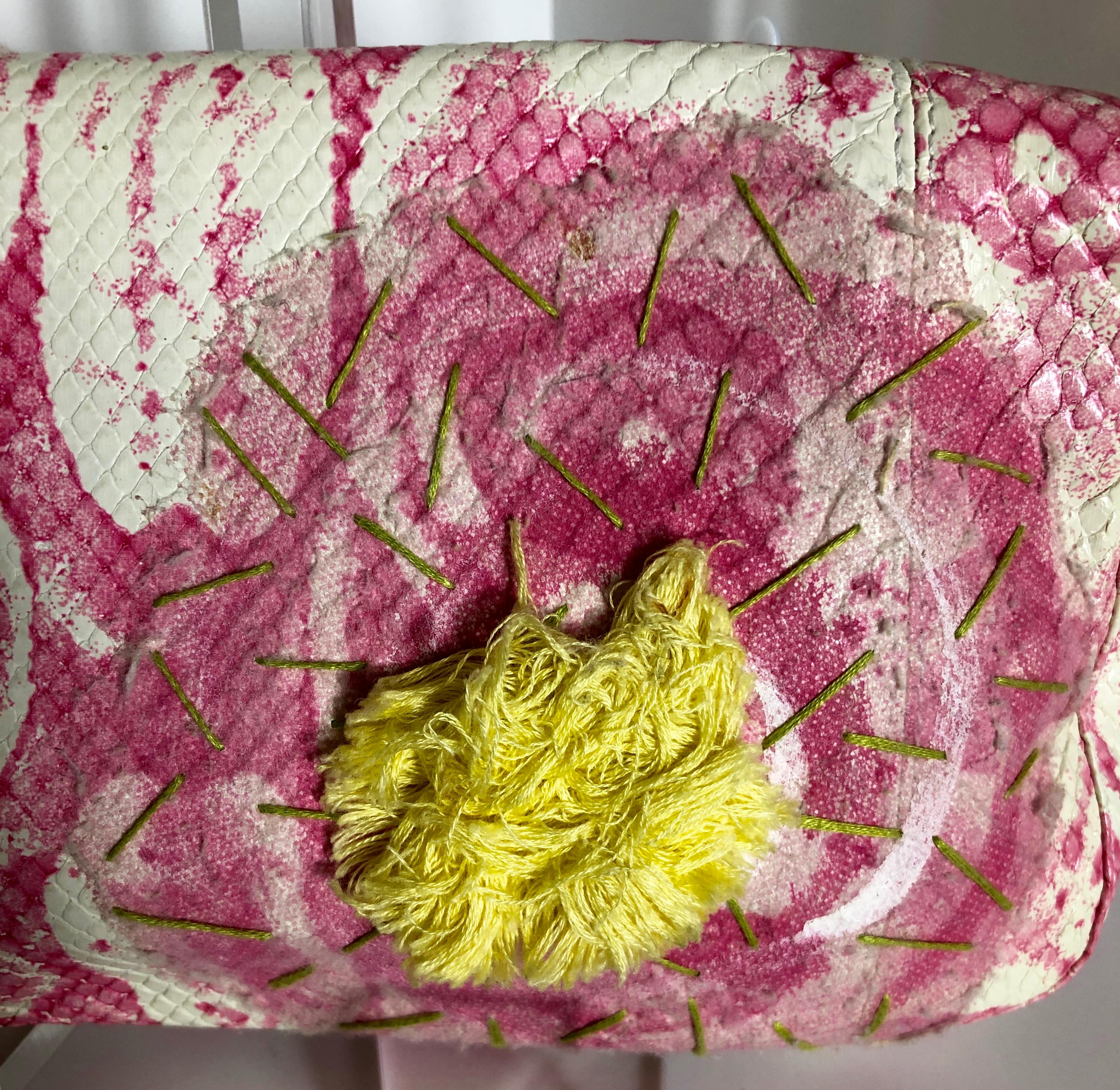 Fendi White Snake Skin w/ Pink & Yellow Accents Baguette Handbag For Sale 3