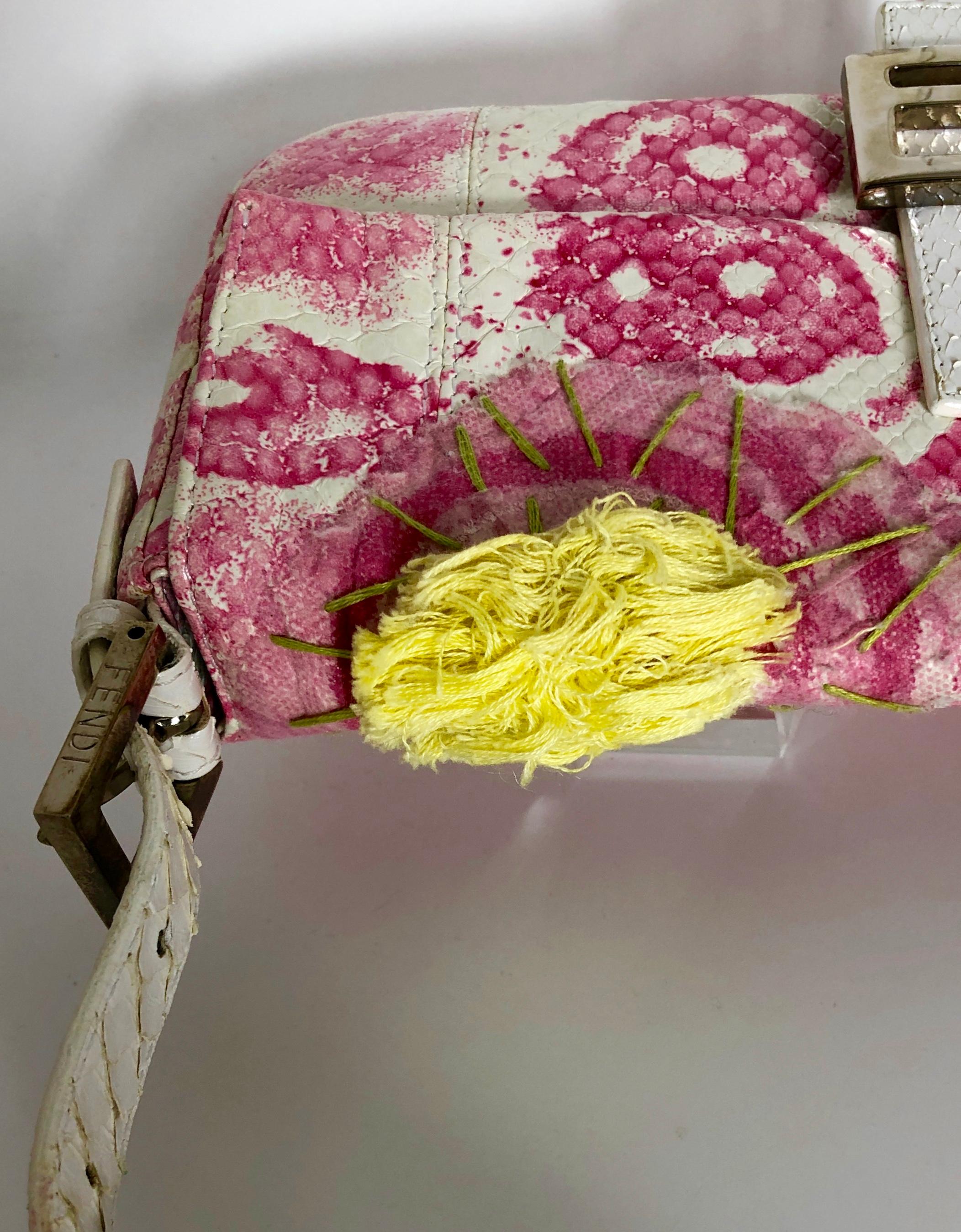 Fendi White Snake Skin w/ Pink & Yellow Accents Baguette Handbag  For Sale 4