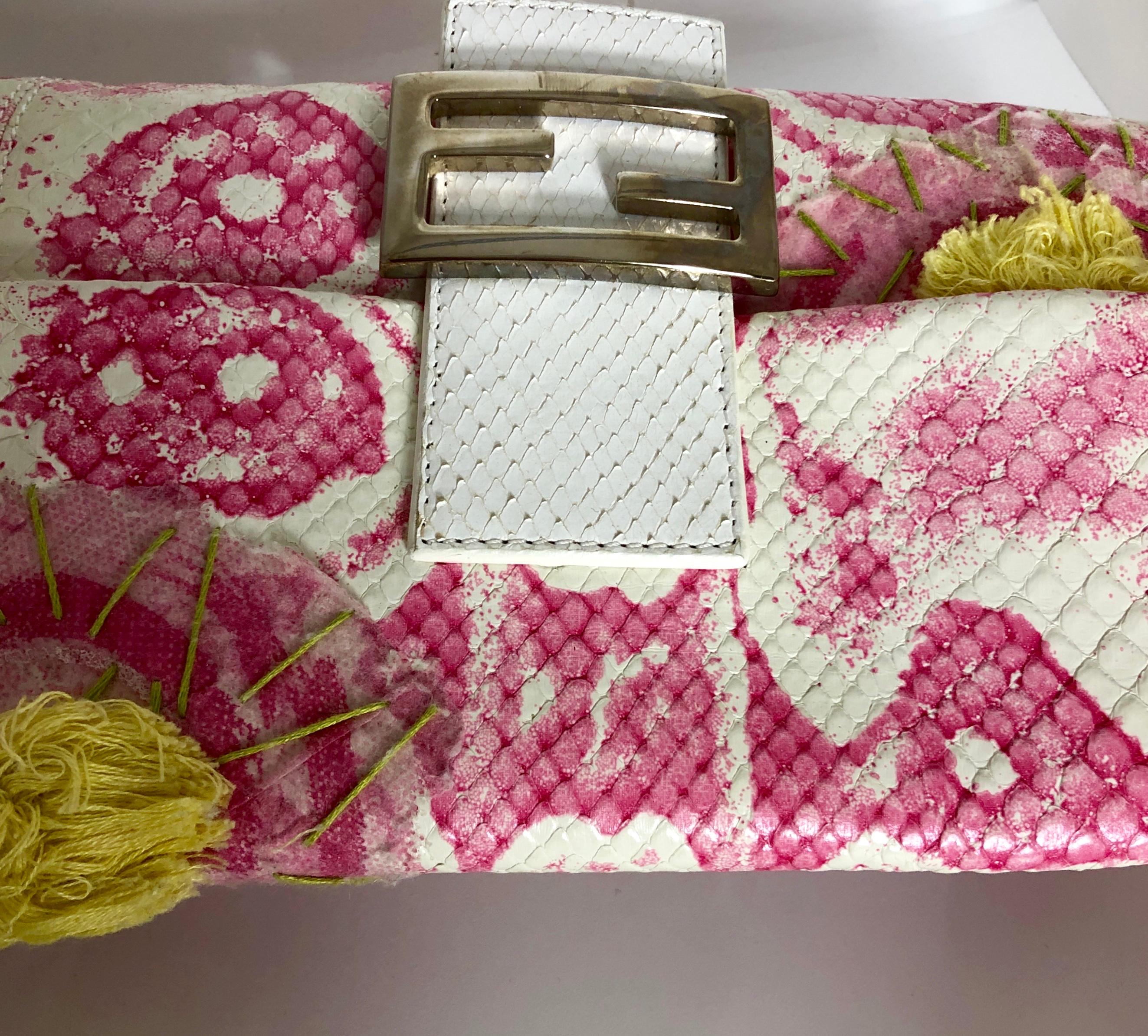 Fendi White Snake Skin w/ Pink & Yellow Accents Baguette Handbag  For Sale 7