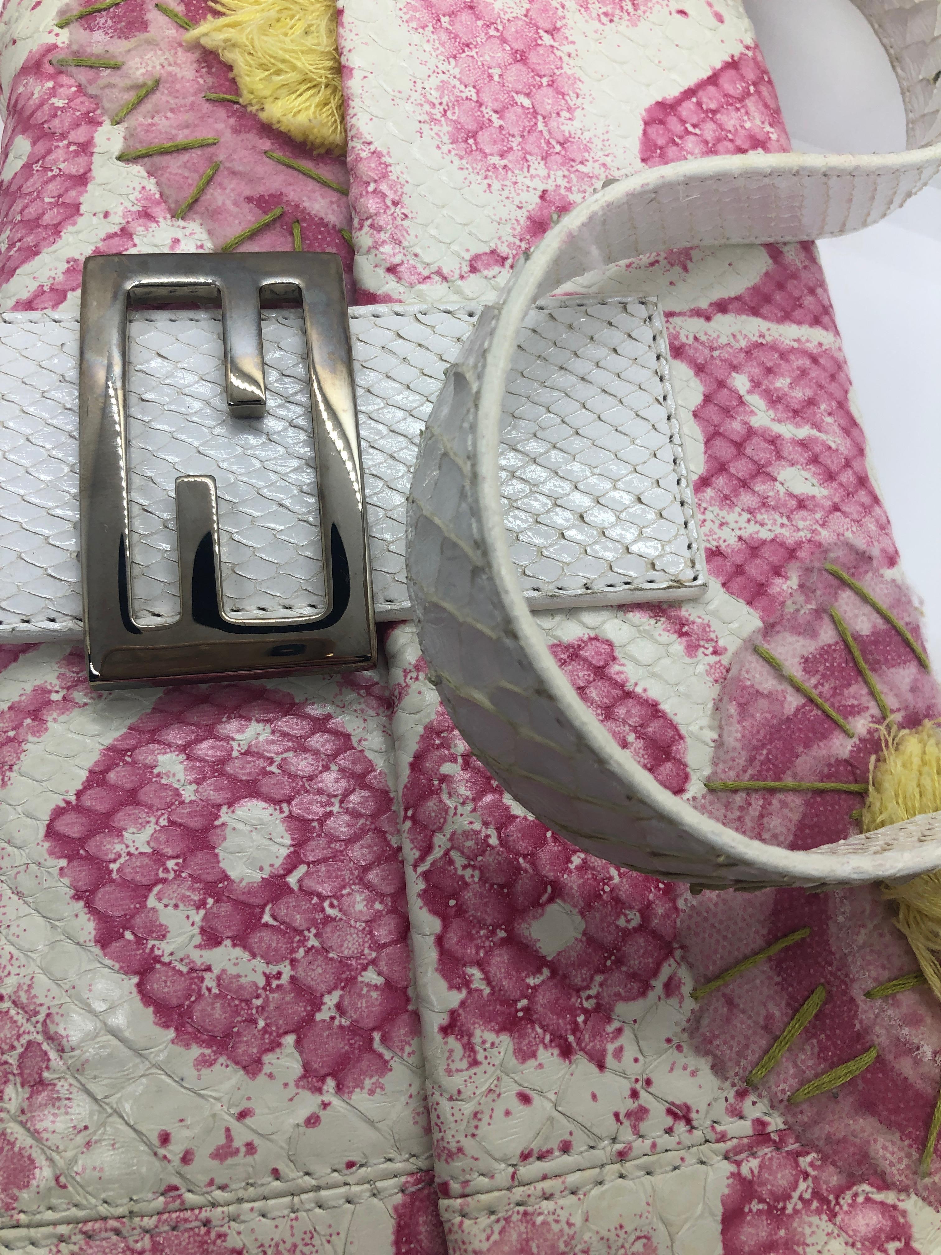Fendi White Snake Skin w/ Pink & Yellow Accents Baguette Handbag  For Sale 8