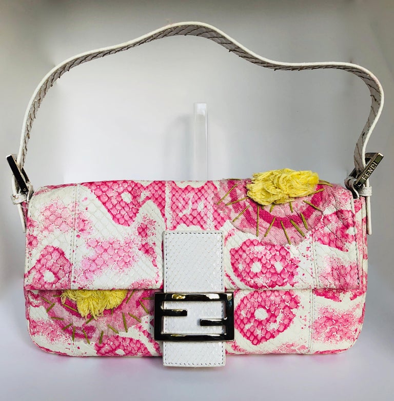 Fendi White Snake Skin w/ Pink and Yellow Accents Baguette Handbag