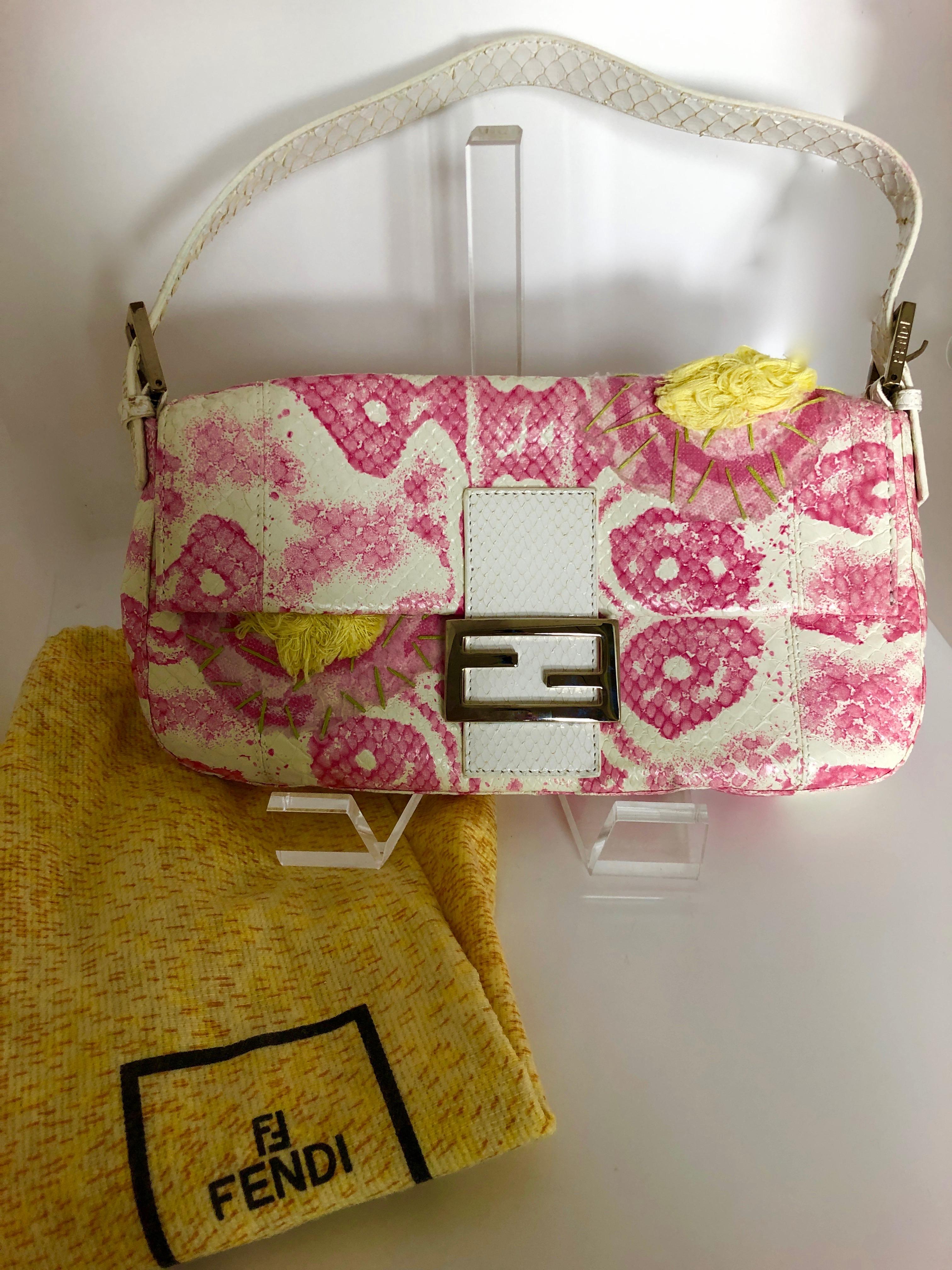 Fendi White Snake Skin w/ Pink & Yellow Accents Baguette Handbag  For Sale 12