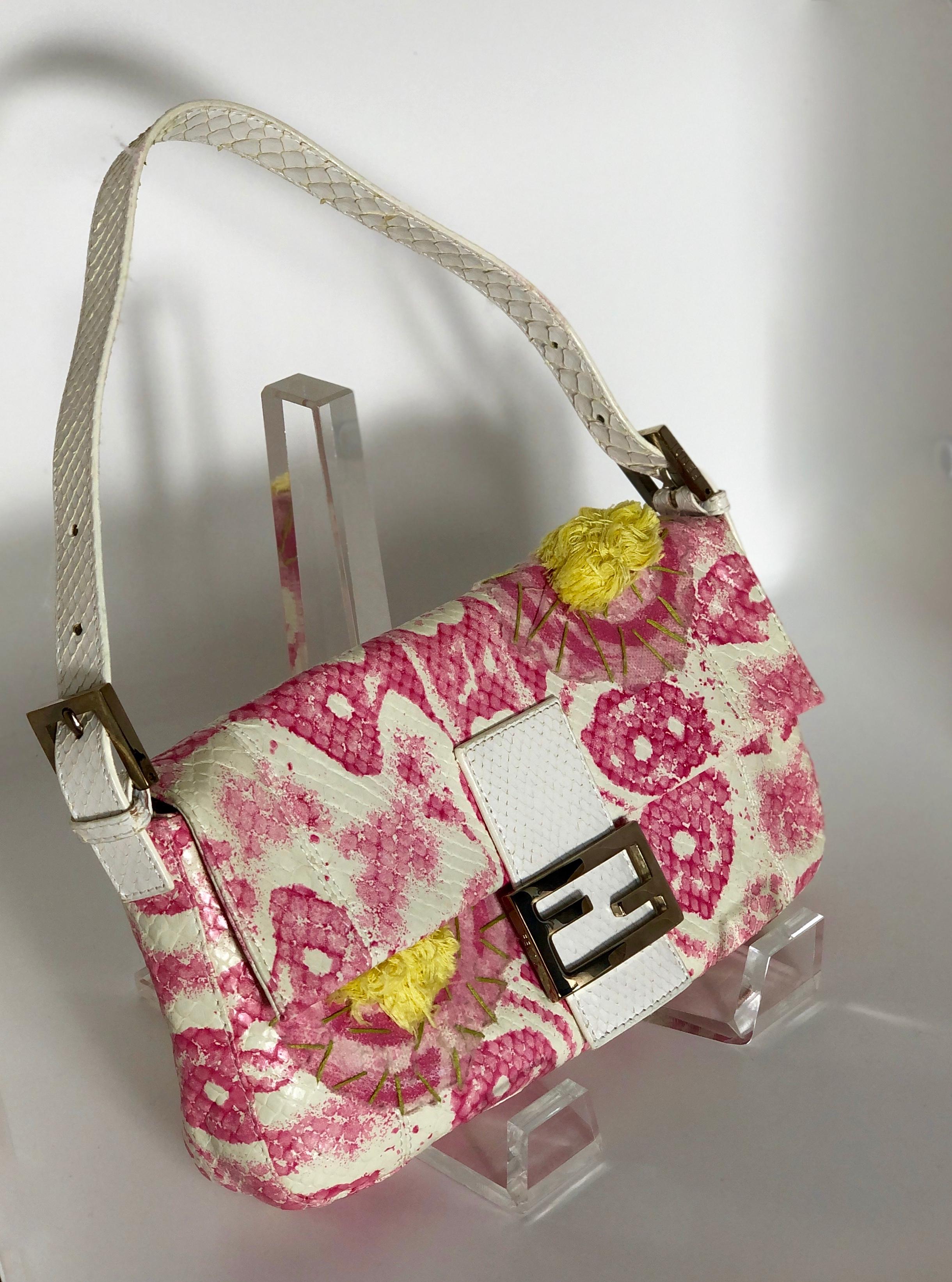 Beige Fendi White Snake Skin w/ Pink & Yellow Accents Baguette Handbag  For Sale