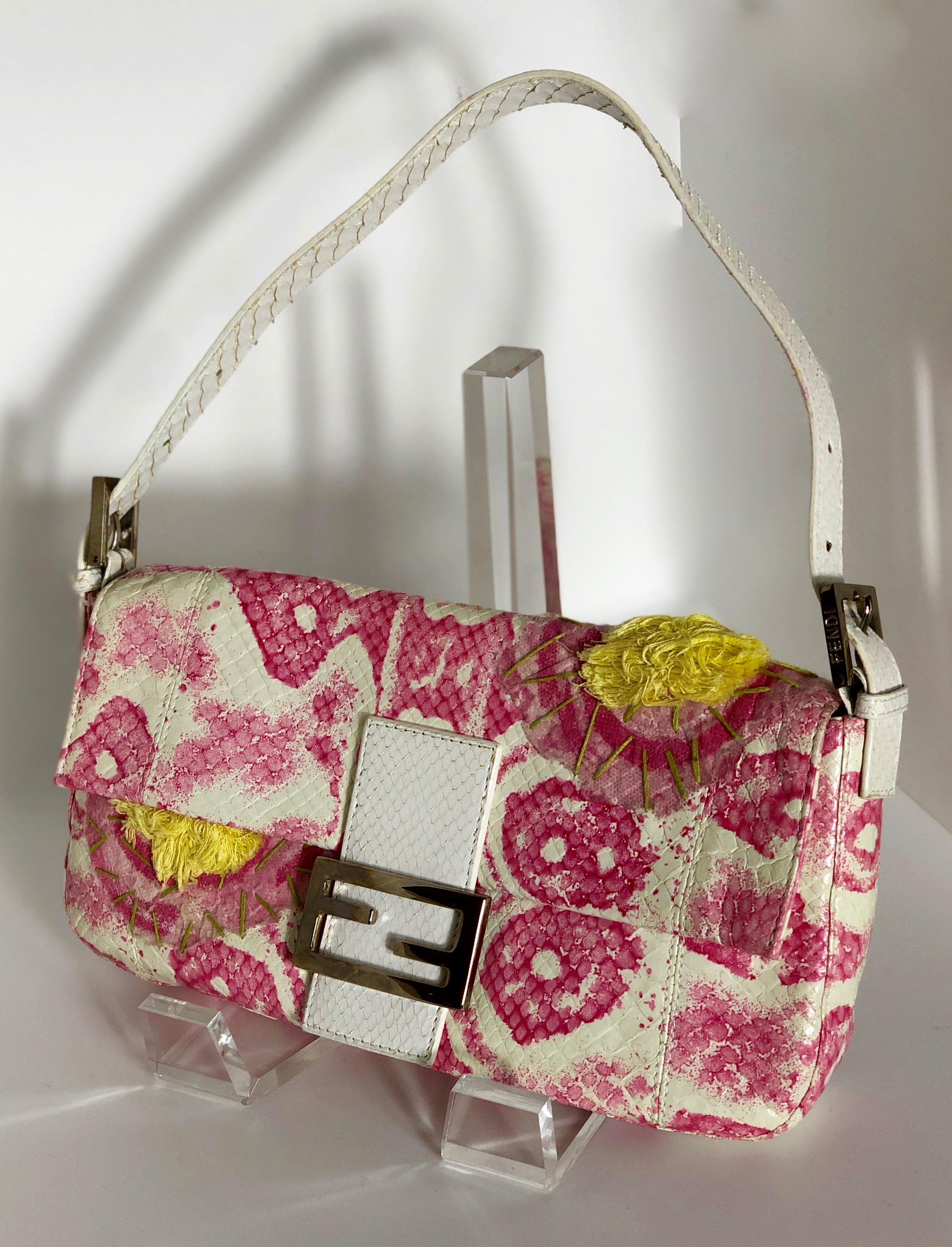Fendi White Snake Skin w/ Pink & Yellow Accents Baguette Handbag  In Good Condition For Sale In Houston, TX