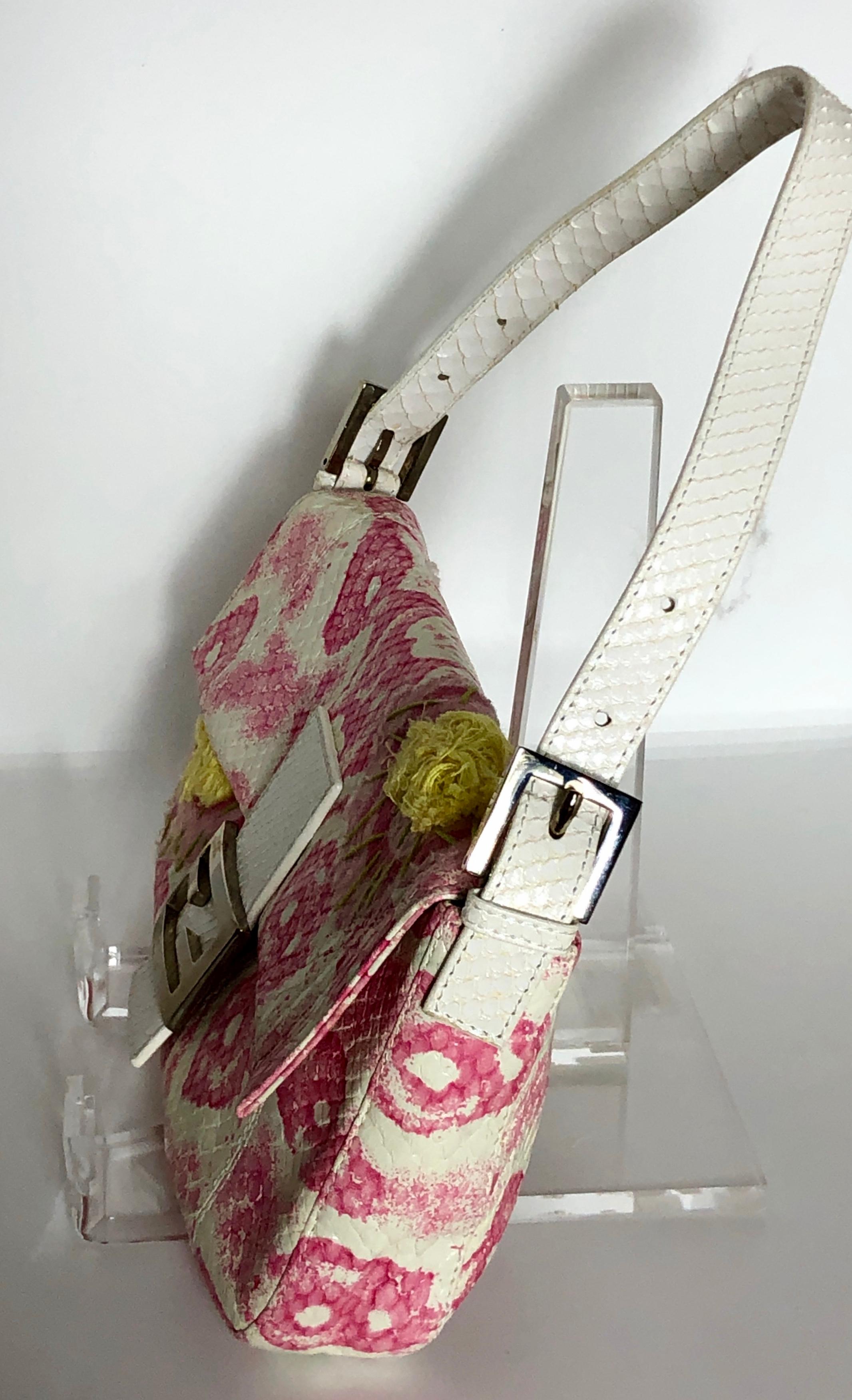 Women's Fendi White Snake Skin w/ Pink & Yellow Accents Baguette Handbag  For Sale