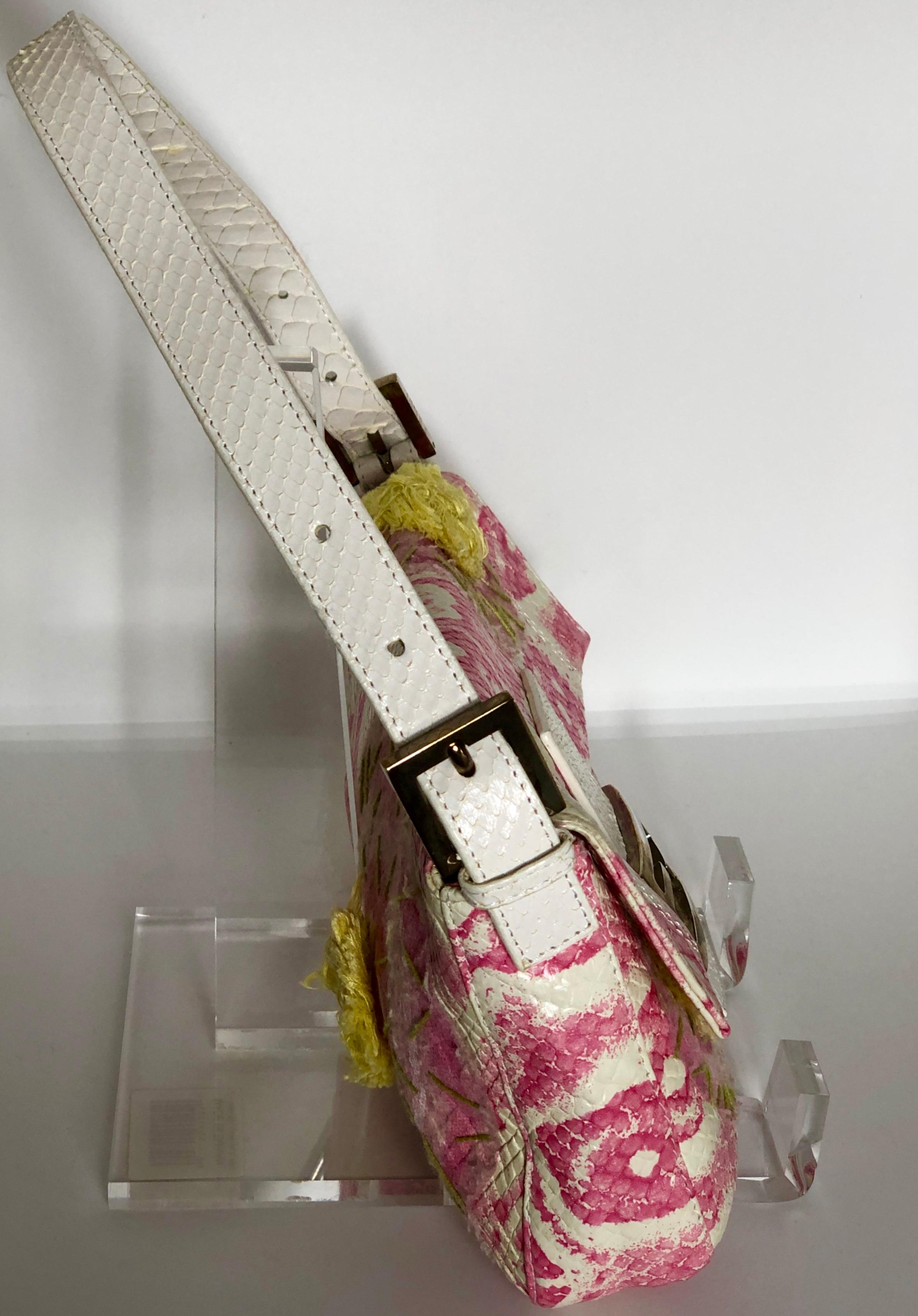 Fendi White Snake Skin w/ Pink & Yellow Accents Baguette Handbag  For Sale 1