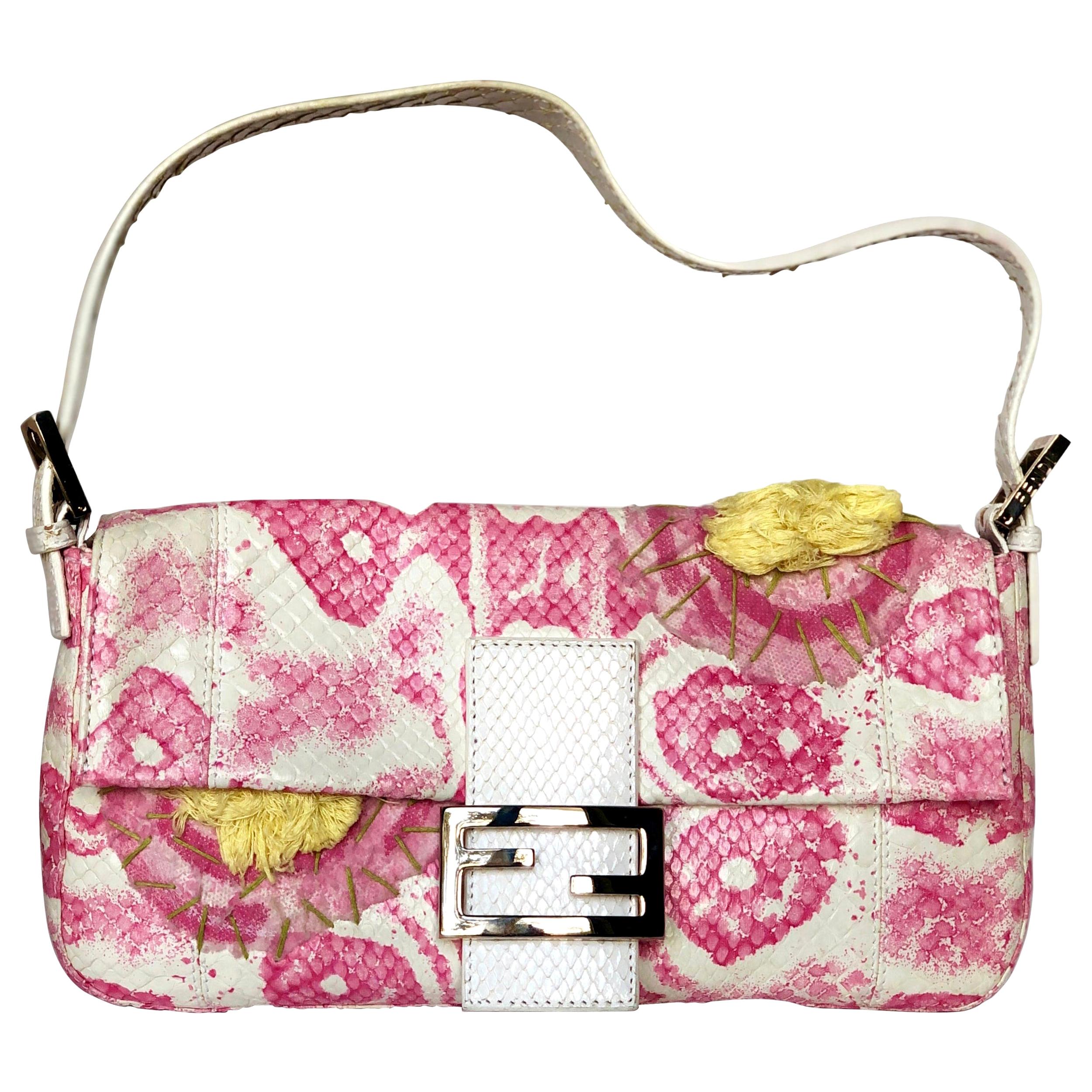 Fendi White Snake Skin w/ Pink & Yellow Accents Baguette Handbag  For Sale