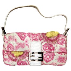 Used Fendi White Snake Skin w/ Pink & Yellow Accents Baguette Handbag 