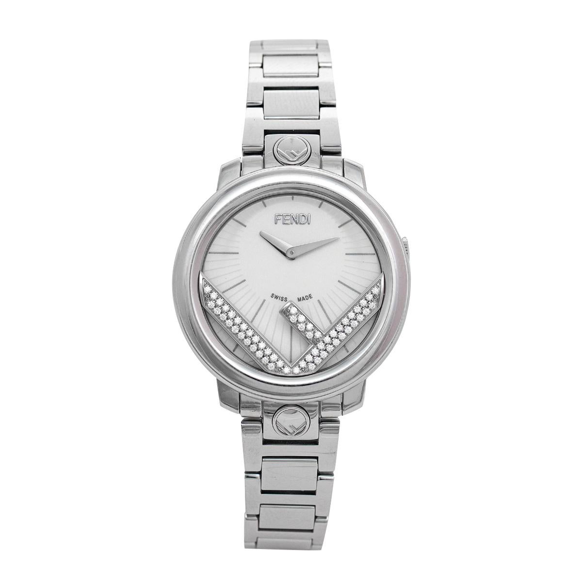 Fendi White Stainless Steel Diamonds Runaway 71000S Women's Wristwatch 28 mm
