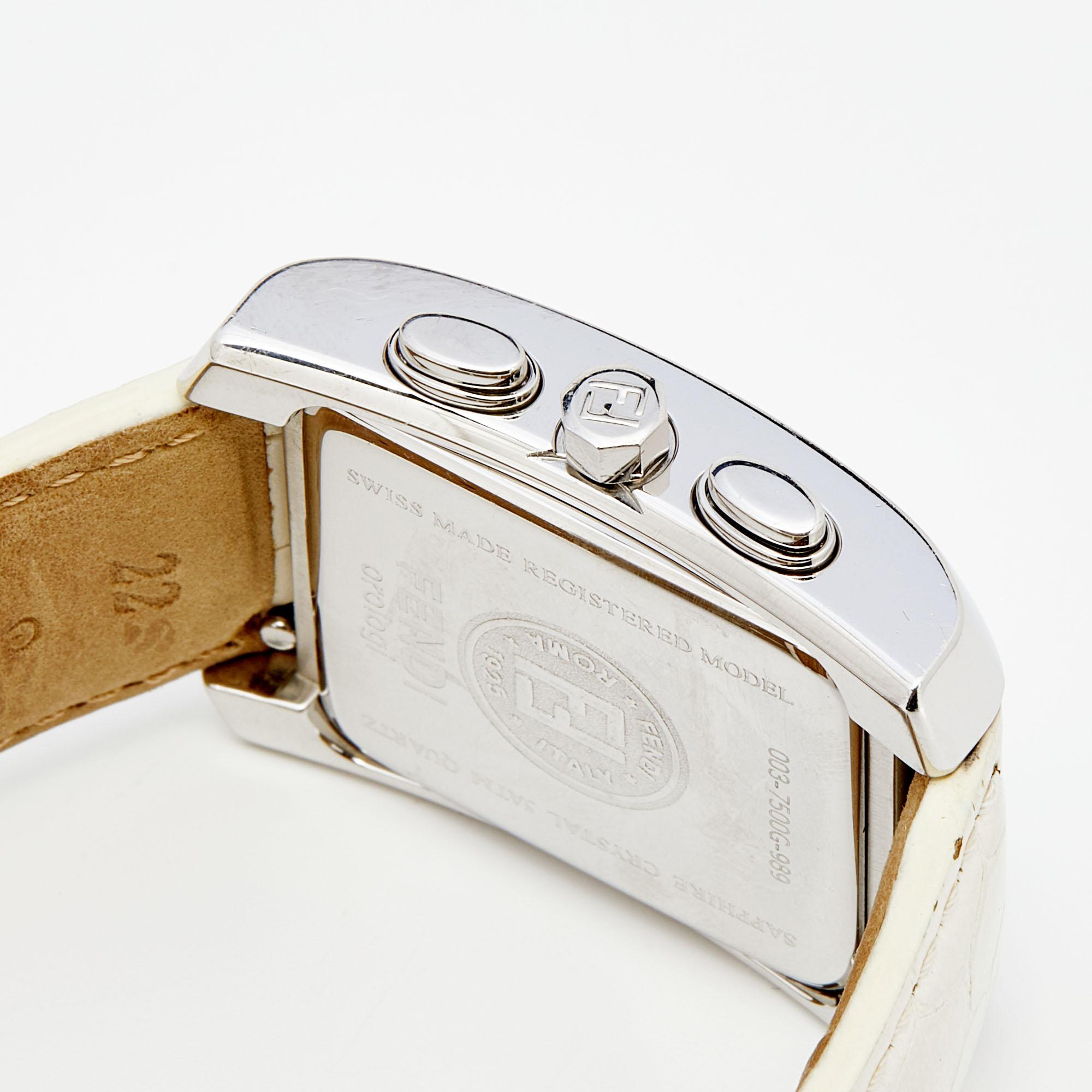 Fendi White Stainless Steel Leather Chronograph Orologi Women's Wristwatch 32 mm In Good Condition In Dubai, Al Qouz 2