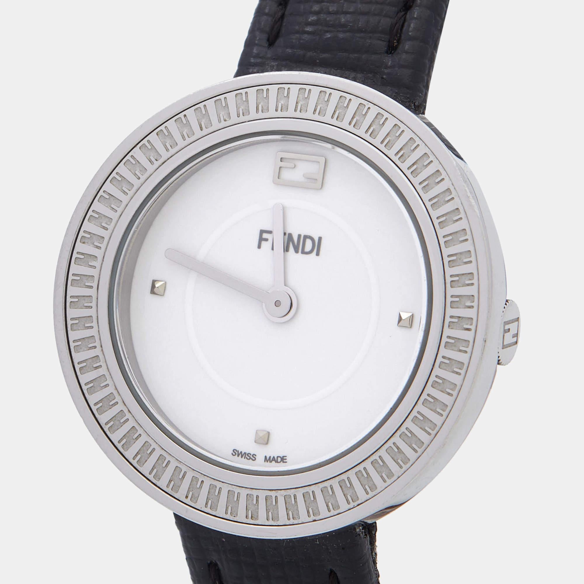 Eloquent design and traditions of fine watchmaking characterize this authentic Fendi timepiece. Grace your wrist with this luxurious piece and instantly elevate your day.

Includes
Original Box, Original Case, Info Booklet, International Warranty