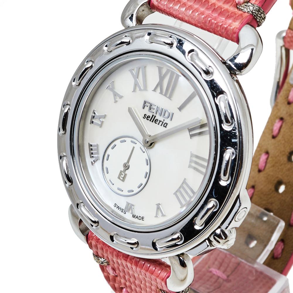 Contemporary Fendi White Stainless Steel Leather Selleria 8100M Women's Wristwatch 37 mm