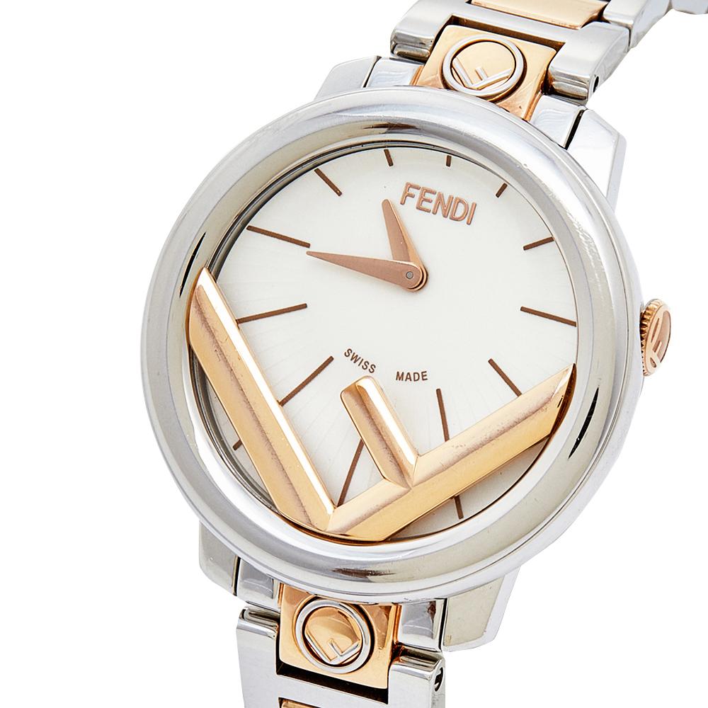 Truly luxe, truly Fendi. This Runaway Fendi watch for women is made of two-tone stainless steel. It features a comfortable bracelet for easy all-day wear and its white dial is added with stick markers, two hands, and the brand detail. The highlight