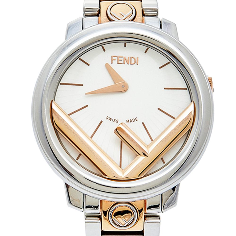 Fendi White Two Tone Stainless Steel Runaway FOW802A2YL Women's Wristwatch 28 mm In Good Condition In Dubai, Al Qouz 2