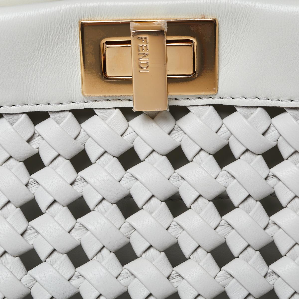 Fendi White Woven Leather Mini Peekaboo Top Handle Bag 4