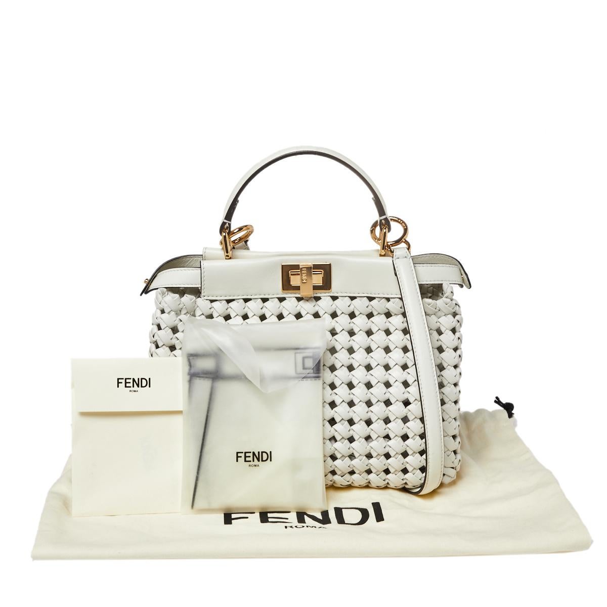 Fendi White Woven Leather Mini Peekaboo Top Handle Bag 5