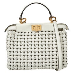 Fendi White Woven Leather Mini Peekaboo Top Handle Bag