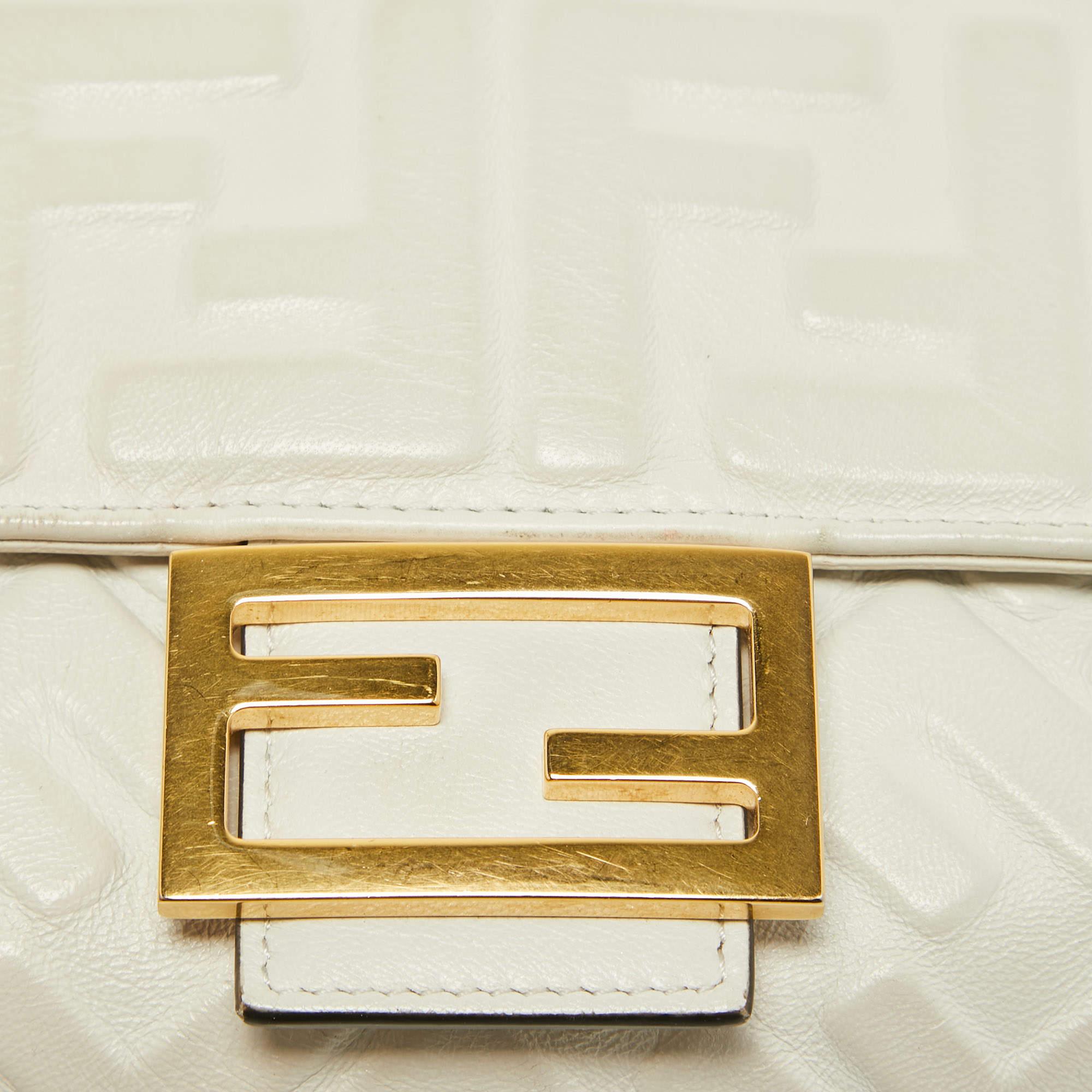 Fendi White Zucca Embossed Leather Medium Baguette Bag 14