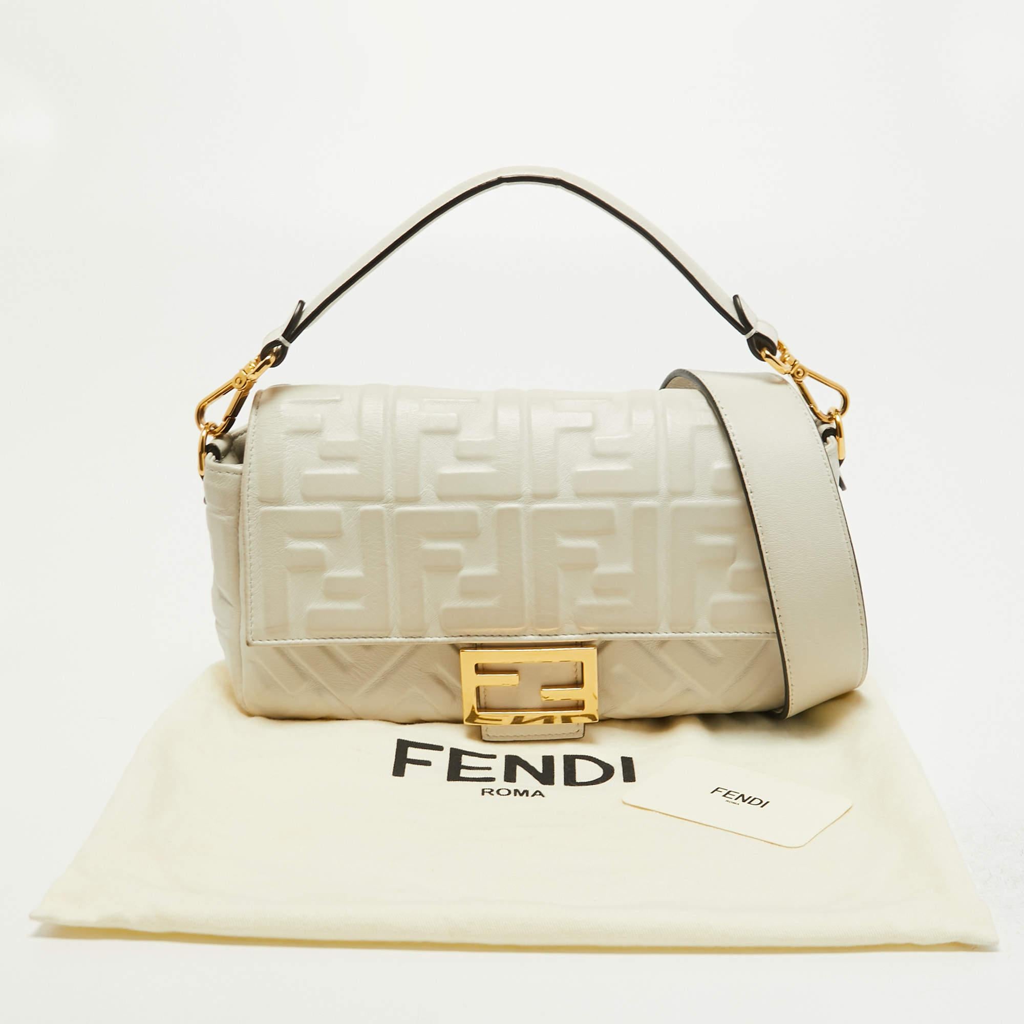 Fendi White Zucca Embossed Leather Medium Baguette Bag 15