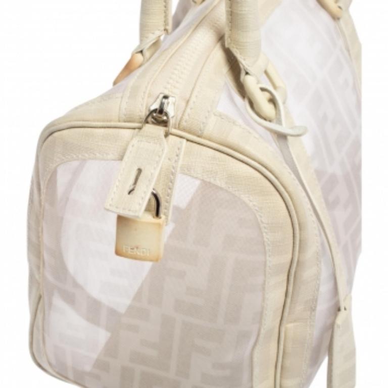 Donna Borsa Bauletto Boston di Fendi in maglia di zucca bianca e tela rivestita
