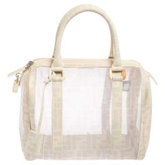 Used Fendi White Zucca Mesh and Coated Canvas Bauletto Boston Bag