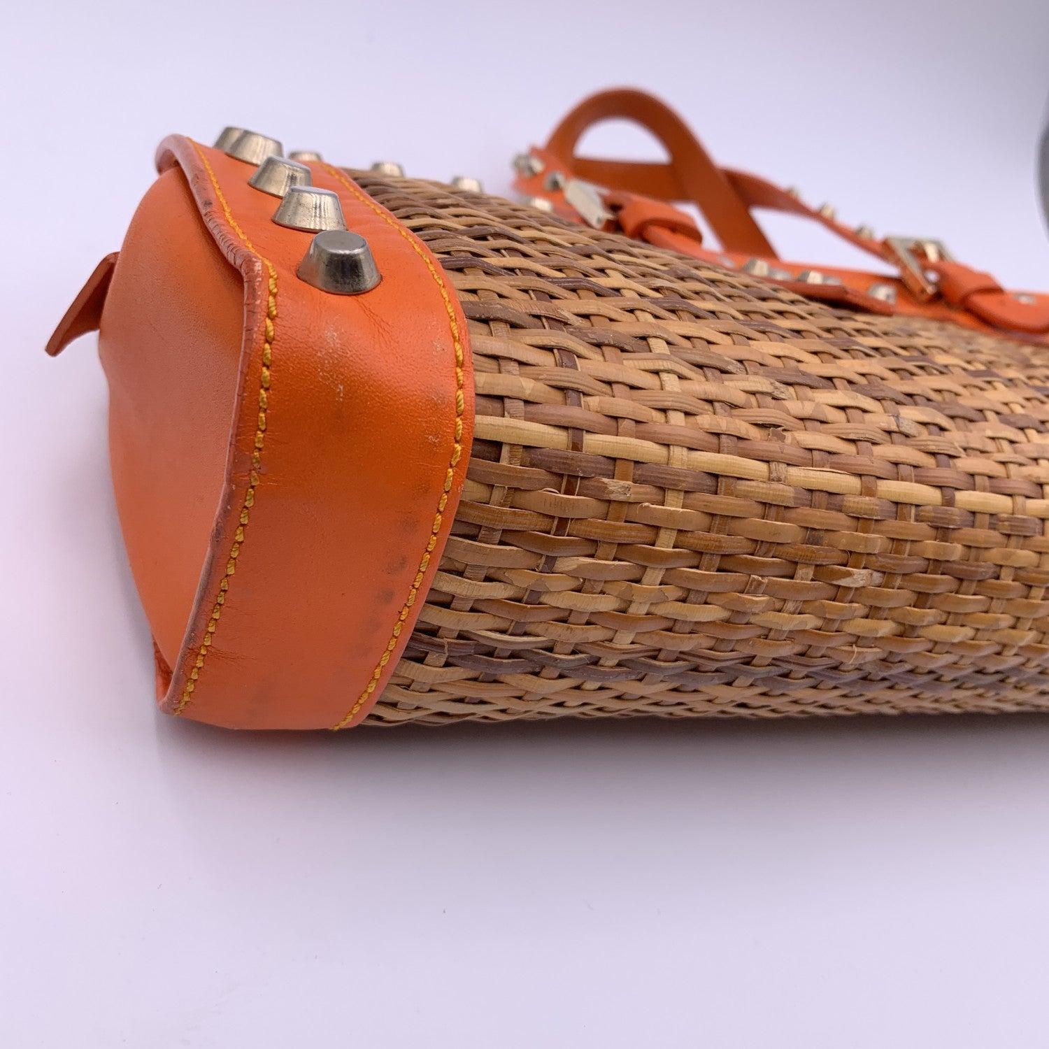 Women's Fendi Wicker and Orange Leather Studded Tote Handbag Satchel For Sale