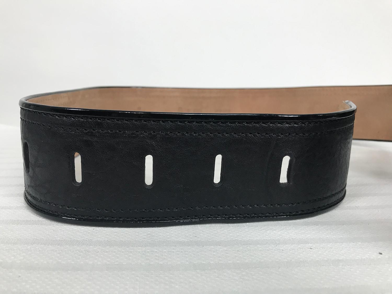 Women's or Men's Fendi Wide Black Patent & Black Leather Logo Belt 34