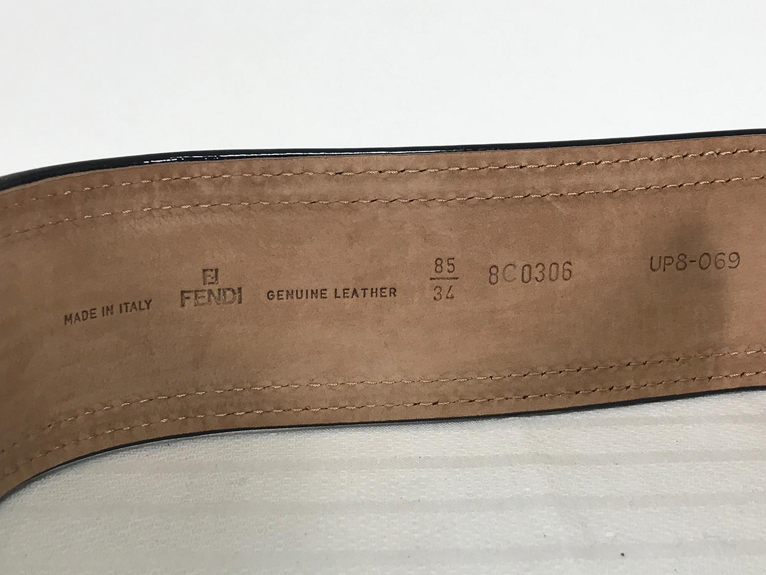 Fendi Wide Black Patent & Black Leather Logo Belt 34 1
