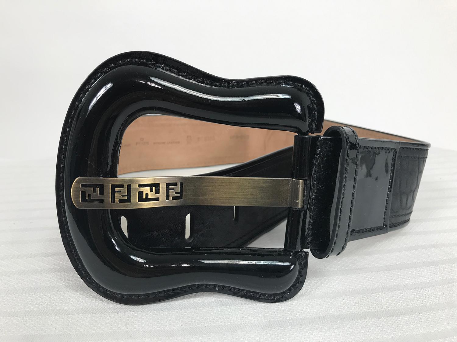 Fendi Wide Black Patent & Black Leather Logo Belt 34 2