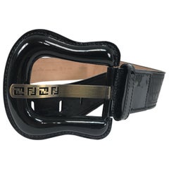 Fendi Wide Black Patent & Black Leather Logo Belt 34