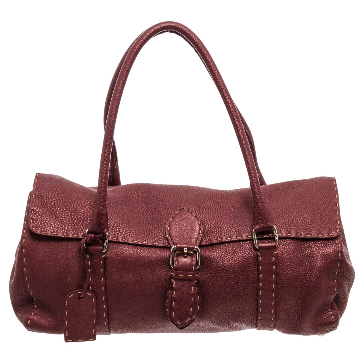 Fendi Wine Red Leather Selleria Shoulder Bag with goldtone hardware at