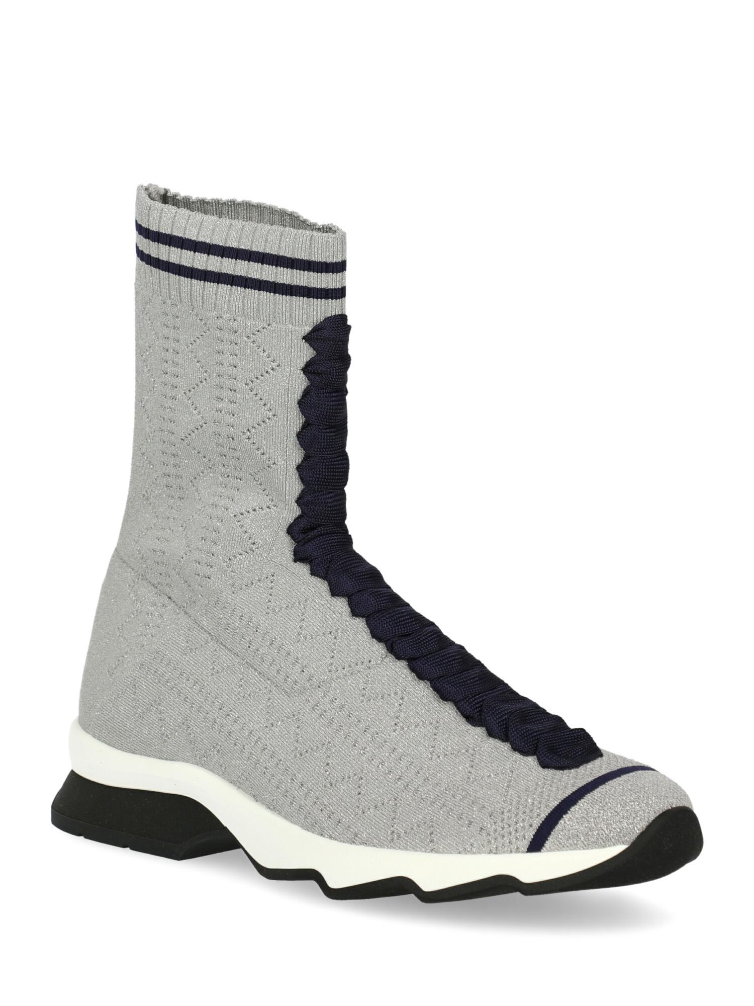 Shoe, fabric, solid color, metallic effect, sock sneakers, knitted, no fastening, contrasting applications

Includes:
- Dust bag
- Box

Product Condition: New With Tag

Composition:
Upper: 100% Synthetic
Sole: 100% Rubber

Color: Silver
Product ID: