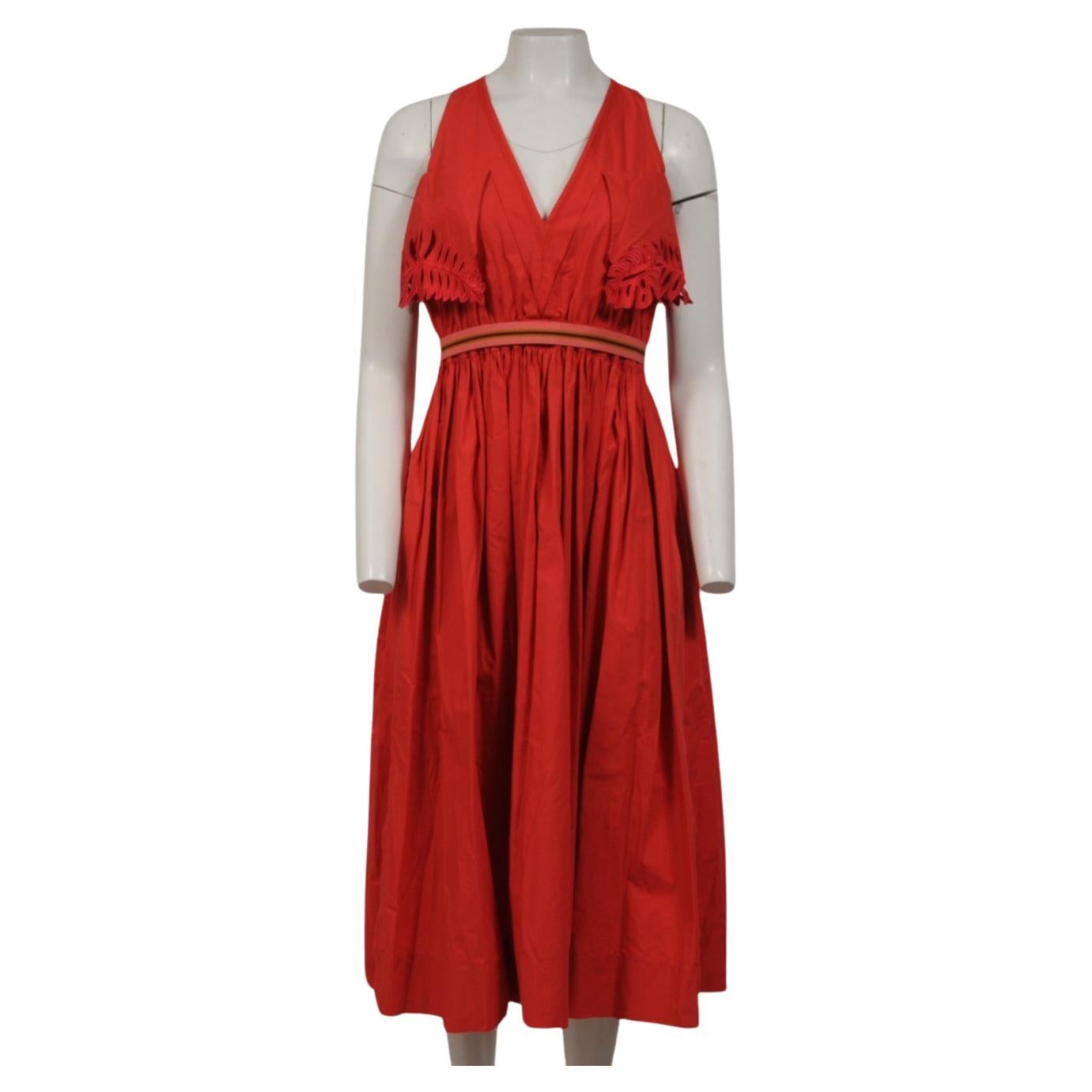 Fendi Women Cold Shoulder Floral Embroidered Midi Dress Sz US 8 IT 44 Coral Red