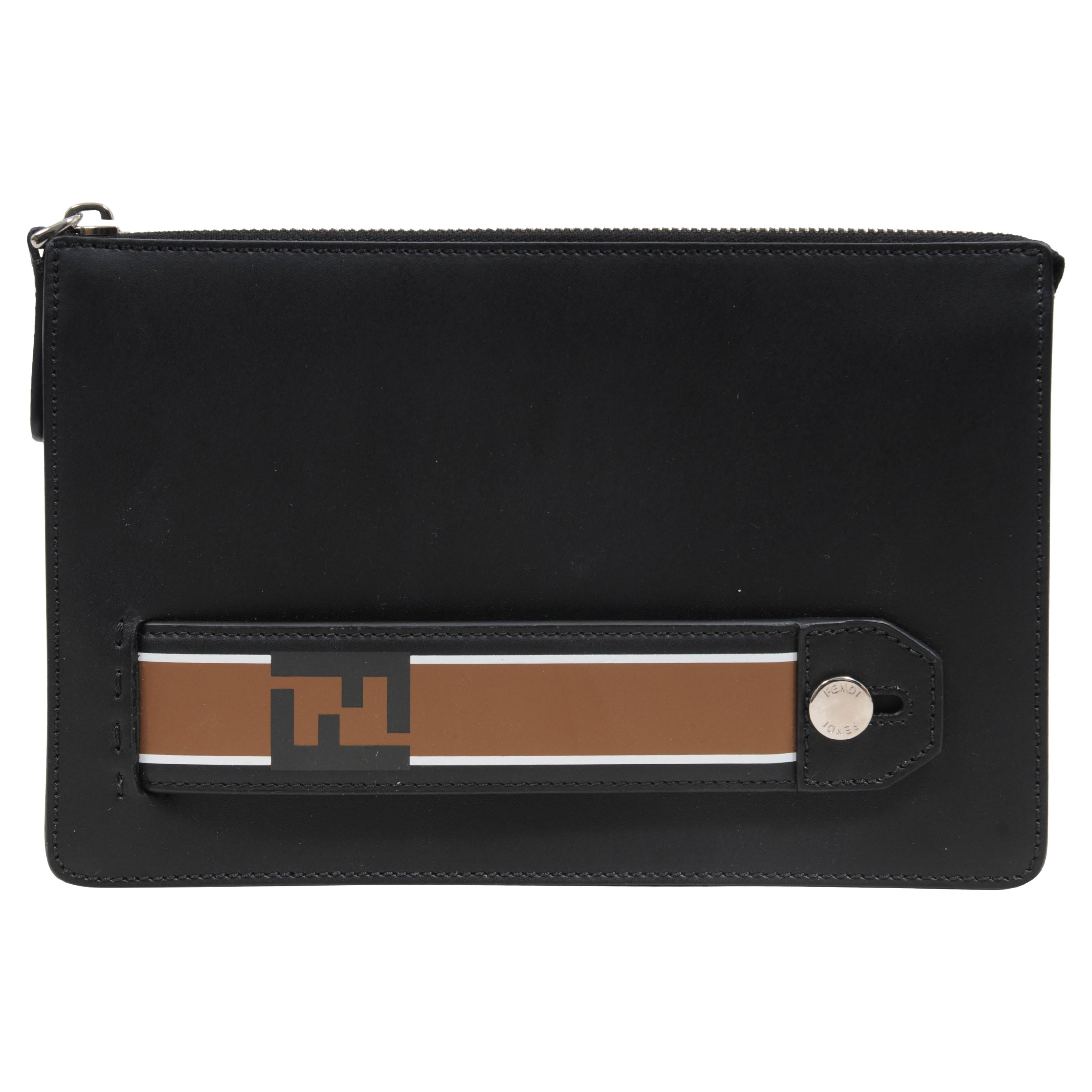 Fendi Donna Pouch Nero Pelle Marrone FF Logo Clutch Uomo Travel File Palladium