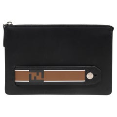 Fendi Donna Pouch Nero Pelle Marrone FF Logo Clutch Uomo Travel File Palladium