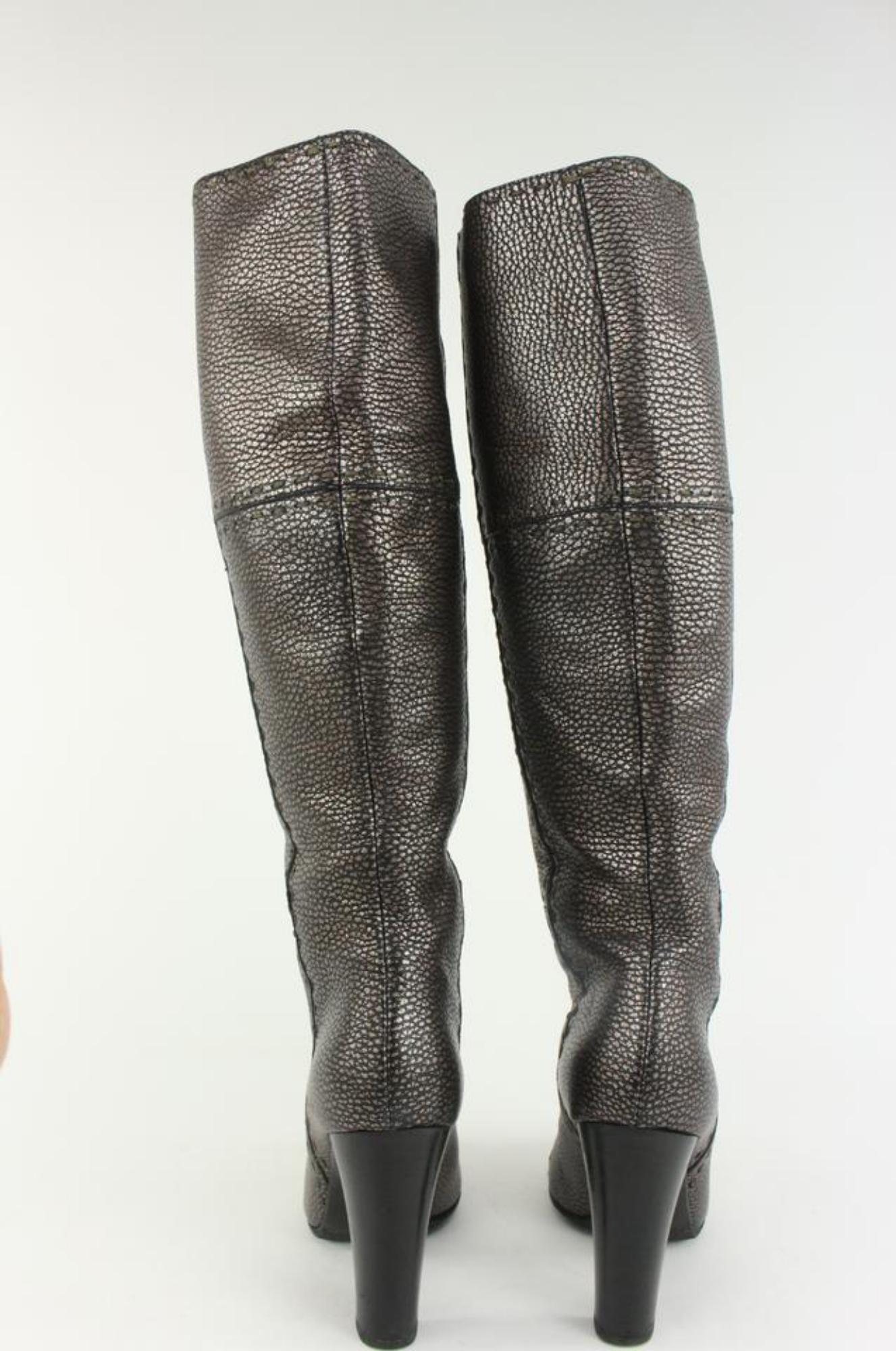 Fendi Women's 36.5 Knee High Grey Leather Selleria Boots 1F1206 For Sale 4