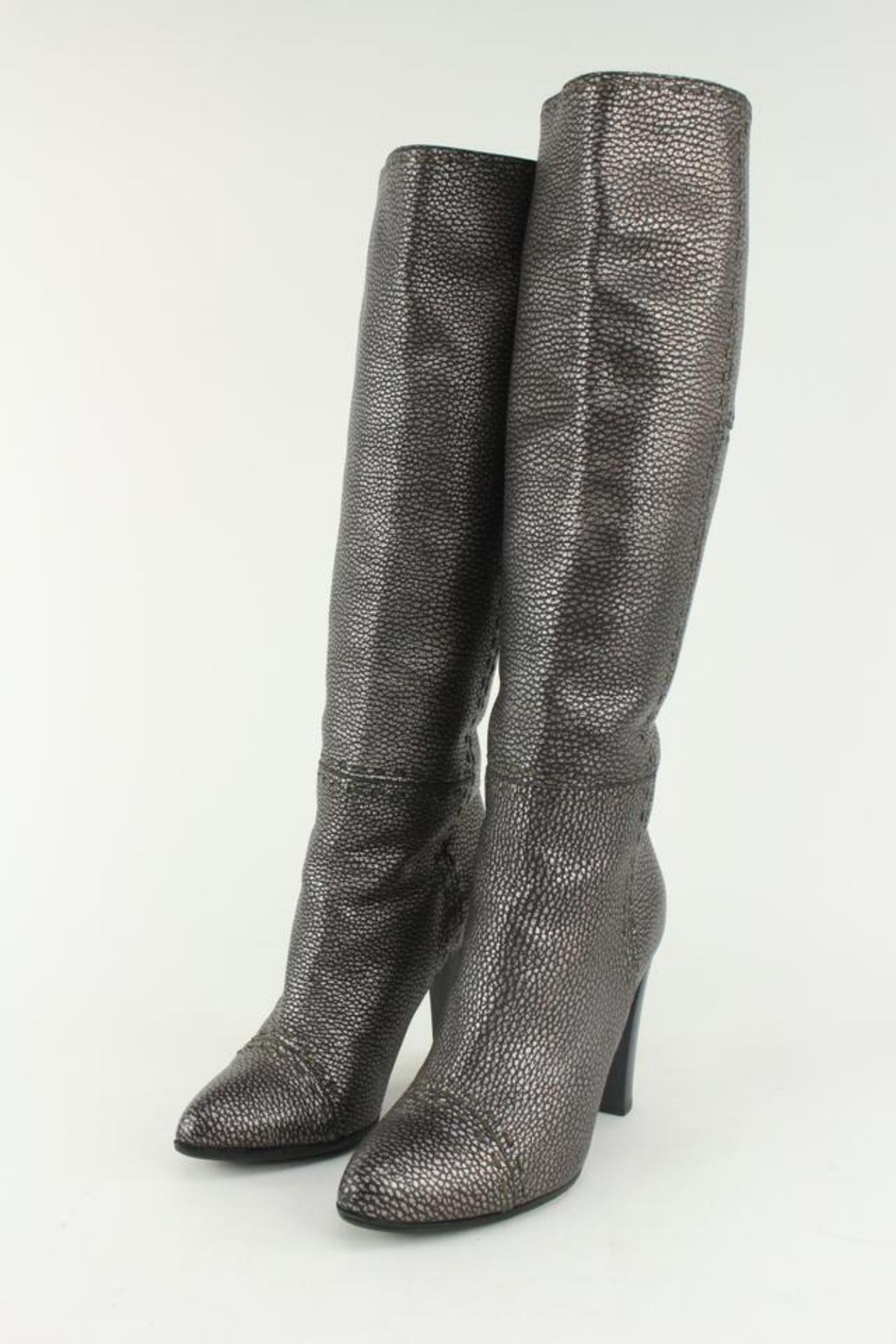 Fendi Women's 36.5 Knee High Grey Leather Selleria Boots 1F1206 For Sale 5