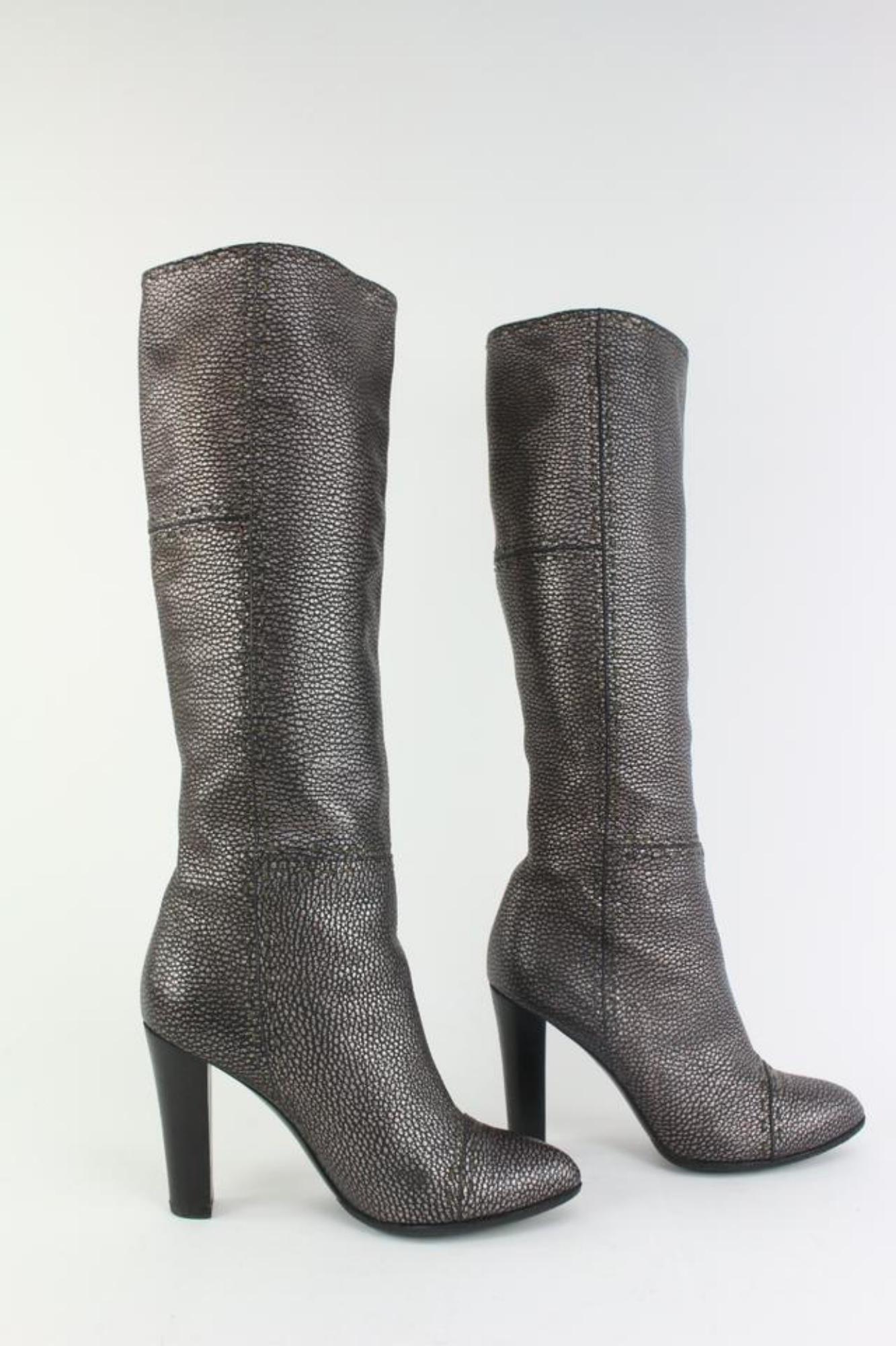 Fendi Women's 36.5 Knee High Grey Leather Selleria Boots 1F1206 For Sale 6