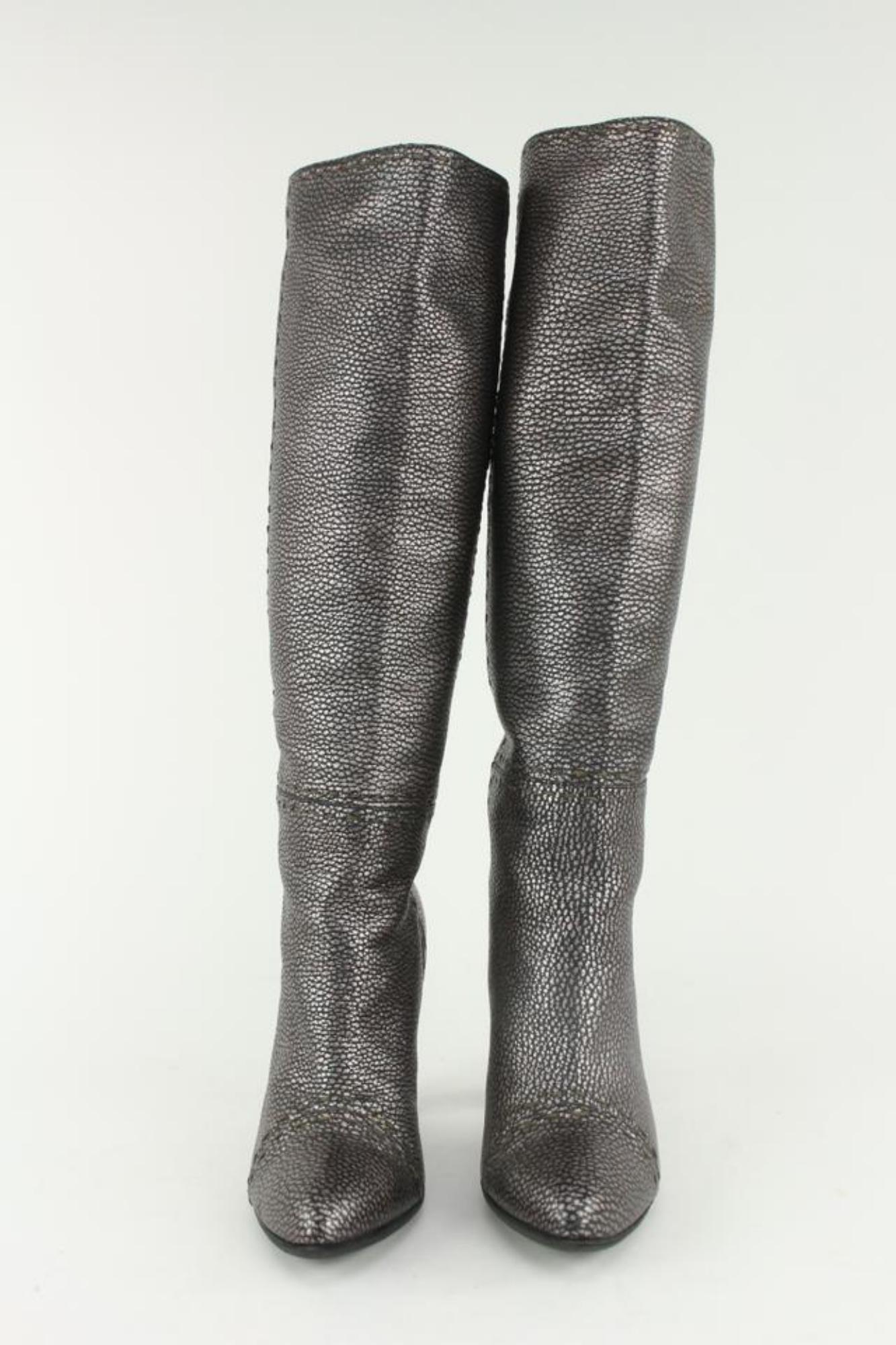Fendi Women's 36.5 Knee High Grey Leather Selleria Boots 1F1206 For Sale 3