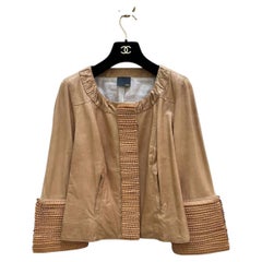 Fendi Women's Beige Leather Jacket with Woven Sleeves, IT 42