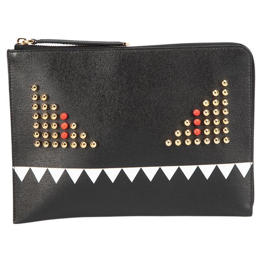Fendi Women's Black Leather Monster Stud Small Pouch For Sale