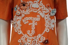 Fendi Womens Floral Embroidered Bow Applique F Logo T Shirt Size Large Orange