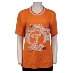 Fendi Womens Floral Embroidered Bow Applique F Logo T Shirt Size Large Orange